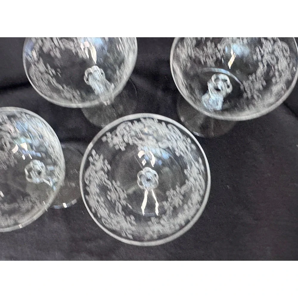 Vintage Etched Crystal Champagne Coupes Set of 4 Floral Scroll Cocktail Glasses